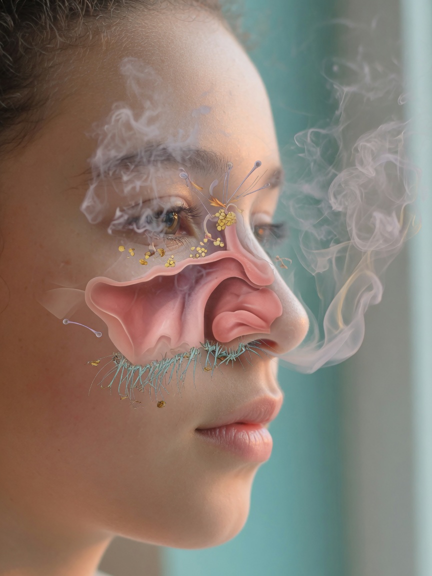 Diagram of adolescent nasal cavity structure and olfactory system — the developing defense line is more vulnerable than in adults
